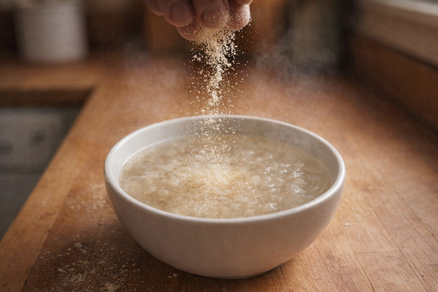 A close-up shot of gelatin powder being sprinkled into a small bowl of cold water, creating a cloudy mixture, warm kitchen light